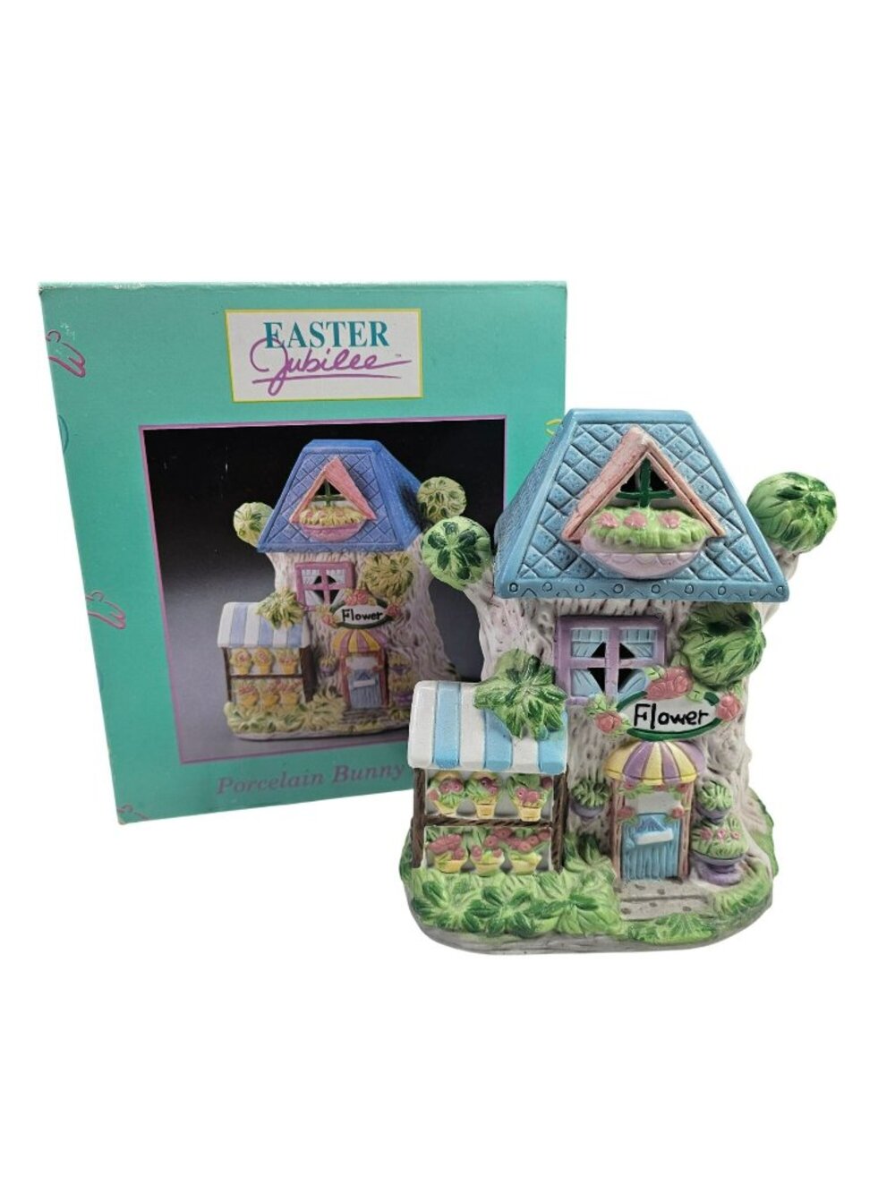 Easter Jubilee Porcelain Bunny House Flower Shop Treehouse w/ Box Vintage Kmart